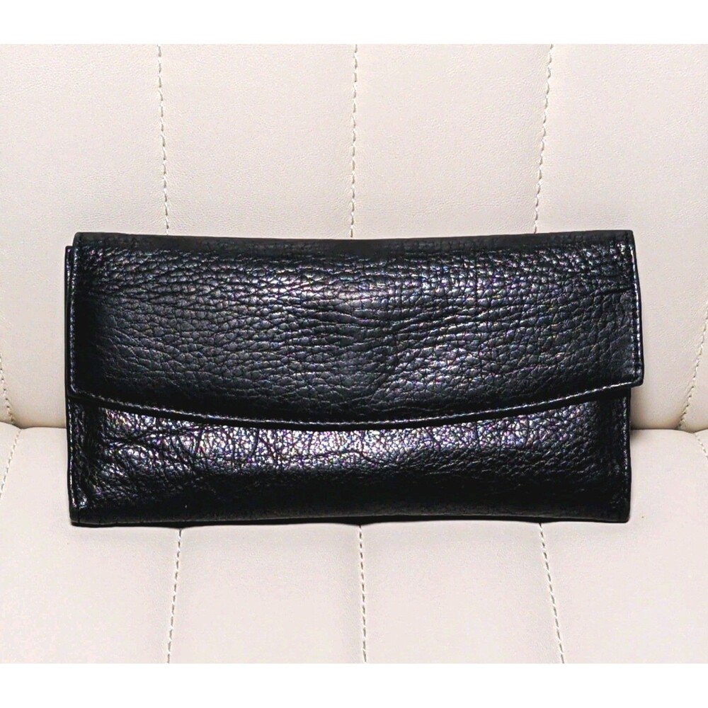Vtg Wilsons Pebble Leather Black Fold Wallet Snap Closure Clear Slot Check Book